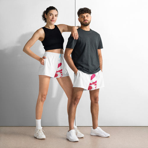 Unisex all-over print athletic shorts, white, front view