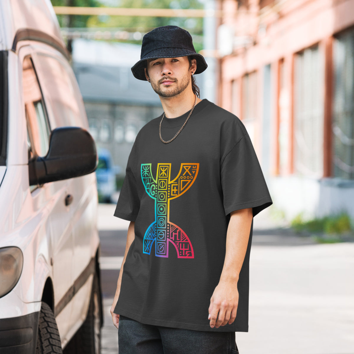 Oversized faded t-shirt, black, front view styled