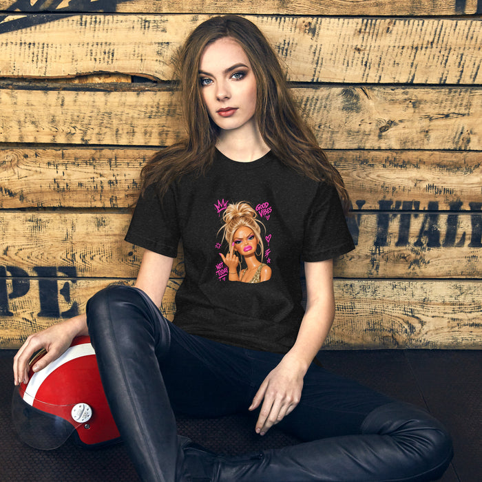 Y2K retro graphic streetwear tee, black heather, front view