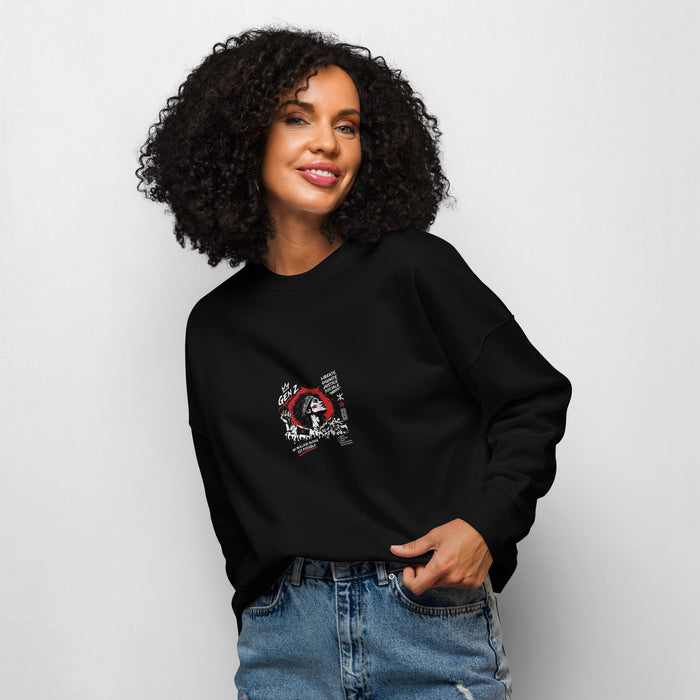 Women's organic crew neck sweatshirt, black, Gen Z graphic print, front view
